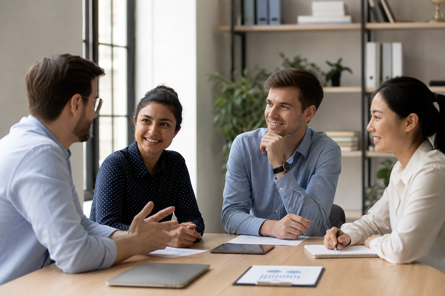 Small business team discussing employee engagement programs during a meeting