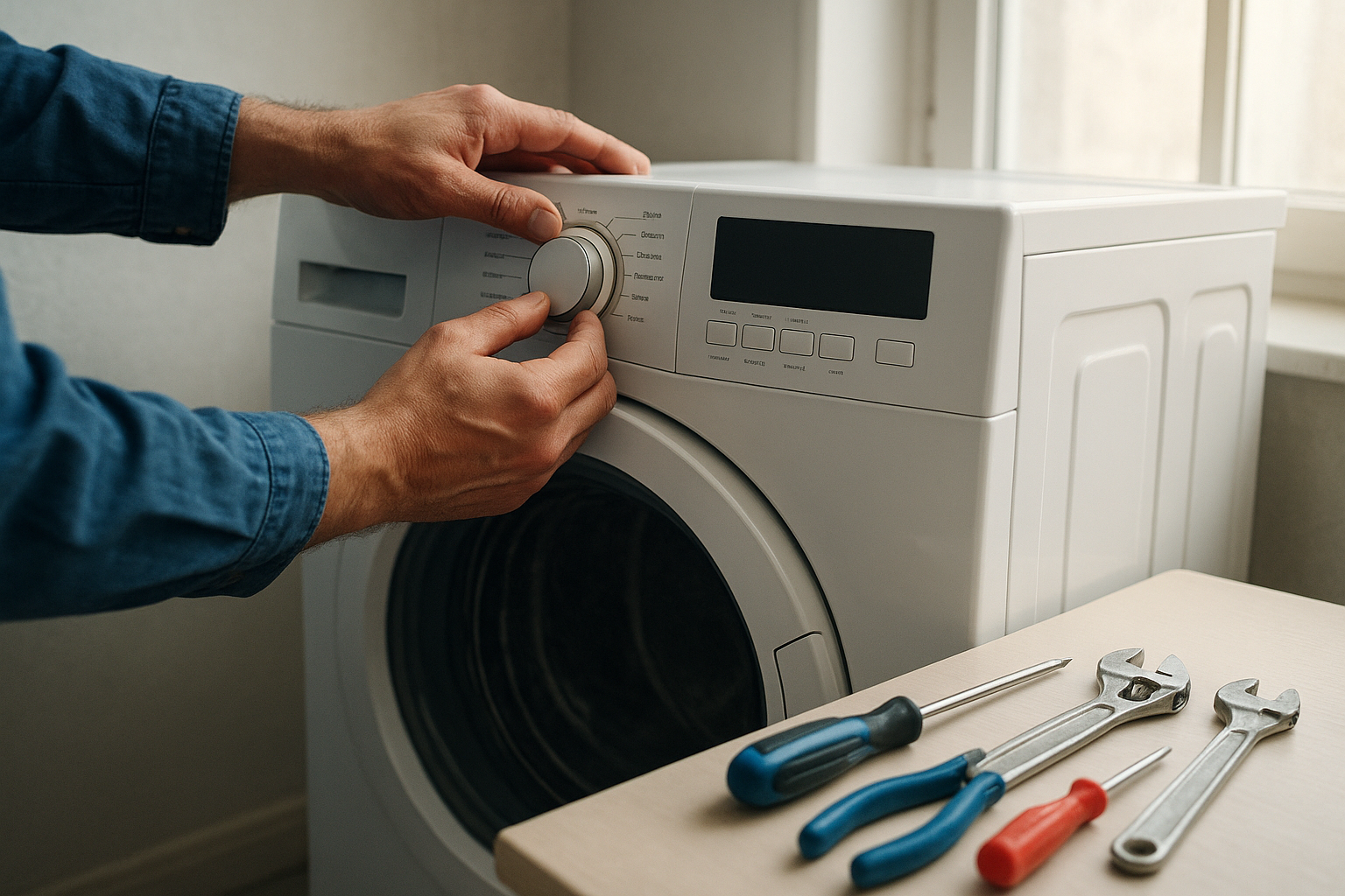 Close-up of an appliance repair technician diagnosing a washing machine control panel