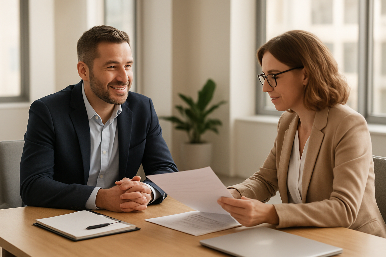 Business owner and HR consultant reviewing outsourcing human resource activities plan at a modern office table