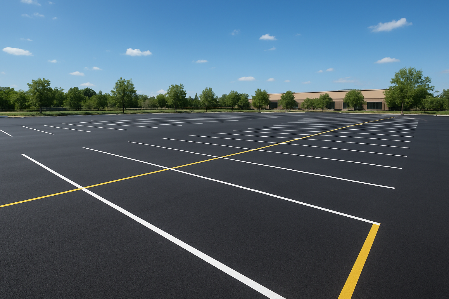 Freshly striped commercial parking lot using eco-friendly parking lot paint