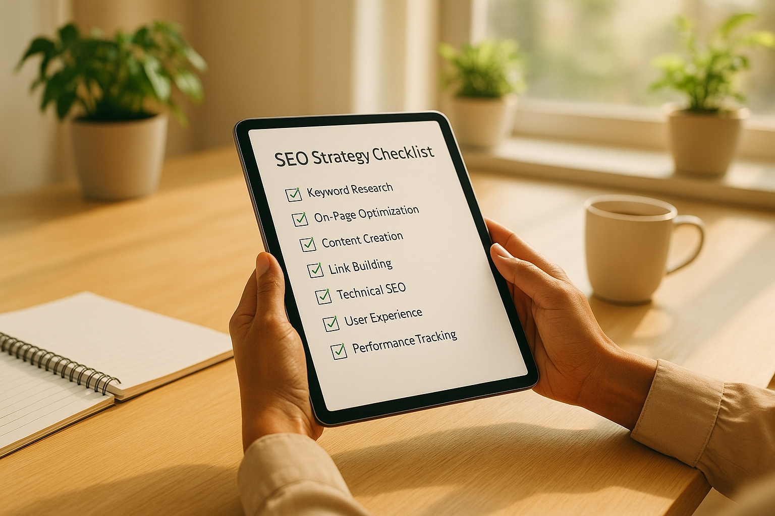 Business owner reviewing an automated SEO strategy checklist for smart SEO solutions