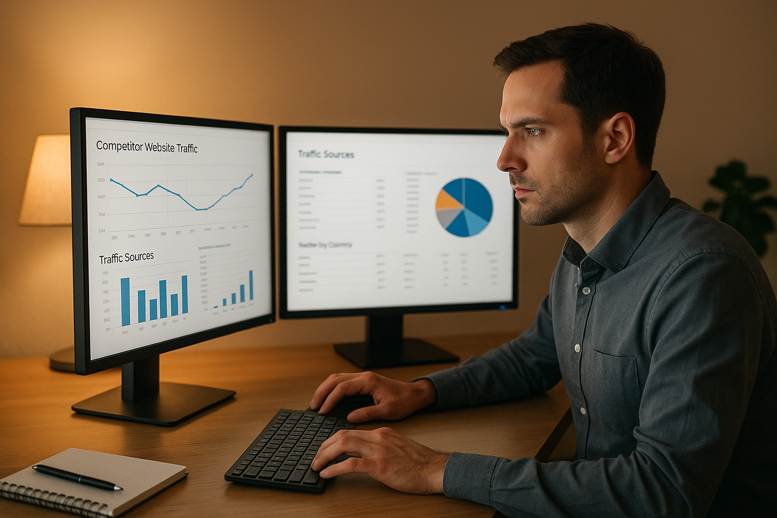 Professional analyzing competitor site visitor data to lookup website traffic trends