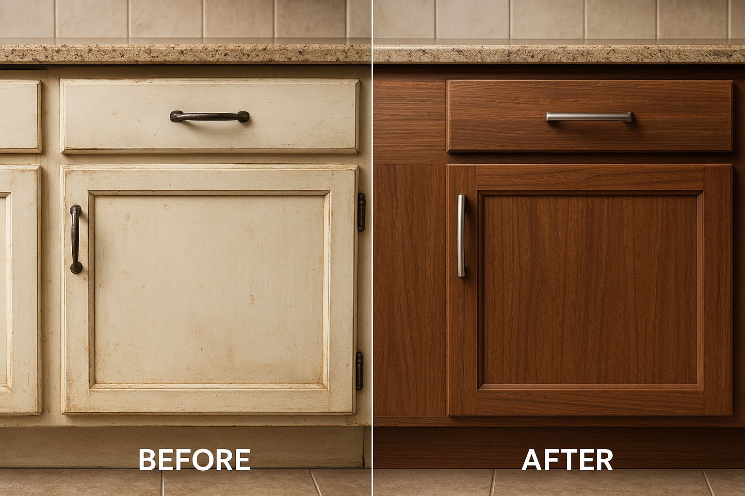 Before and after comparison showing results of professional cabinetry services on a kitchen cabinet door
