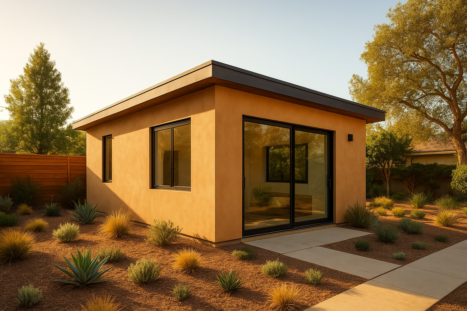 Southern California ADU builders completed detached guest house with modern stucco exterior in a sunny backyard