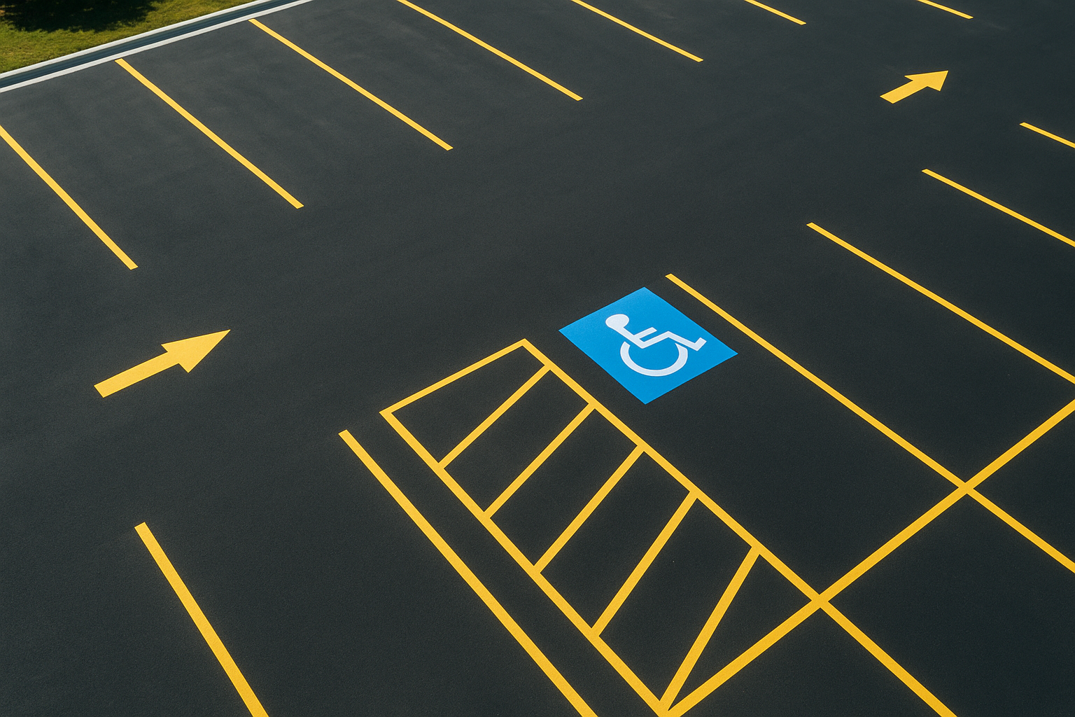 Freshly striped commercial parking lot showing new yellow lines and ADA accessible markings