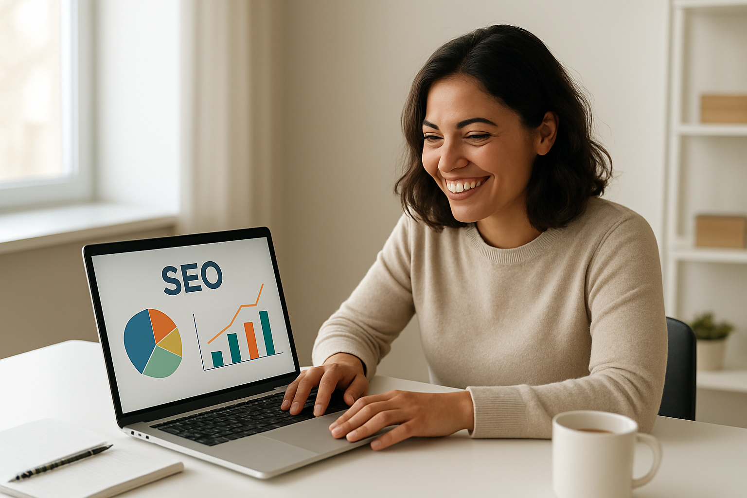 Entrepreneur reviewing easy SEO for entrepreneurs dashboard on laptop