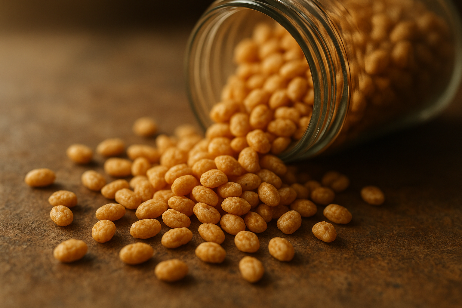 Close-up of golden puffed whole grain cereal pieces highlighting natural grain texture