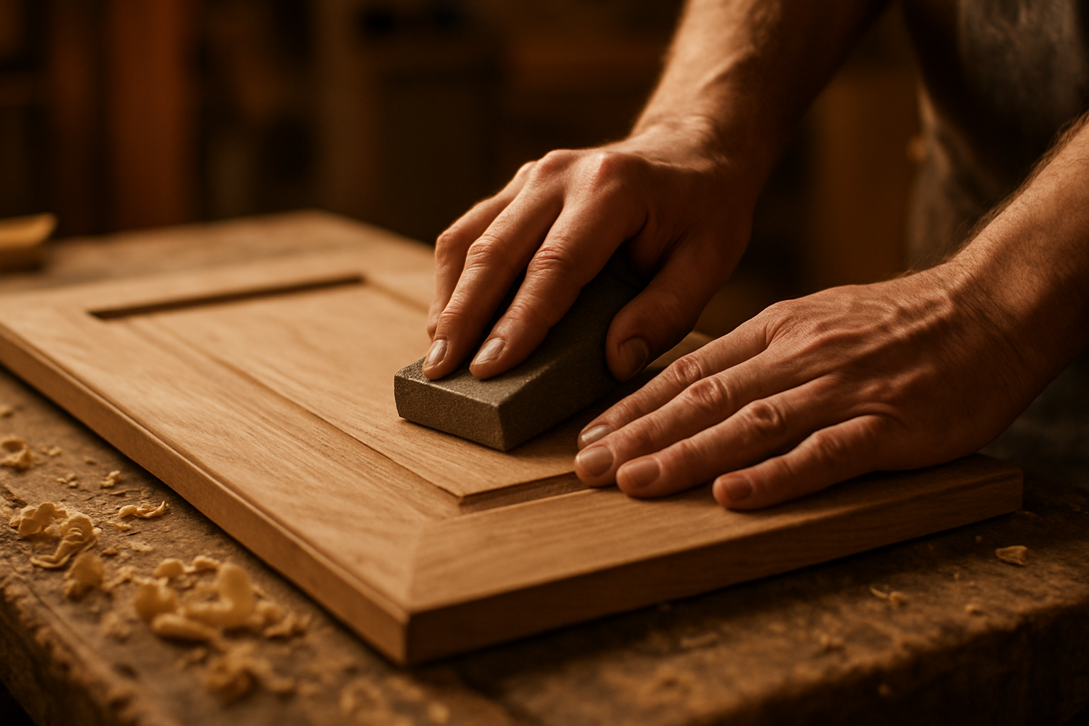 Close-up of hands sanding a wooden cabinet door before applying a new finish