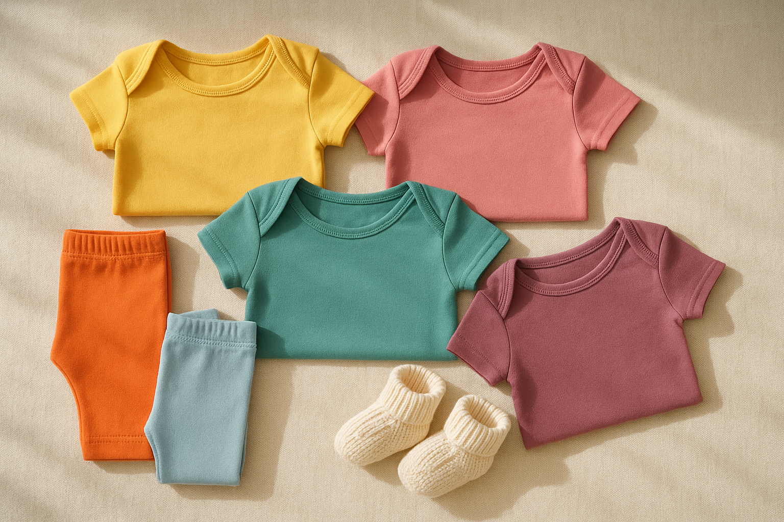 Colorful affordable baby fashion essentials including onesies and leggings laid flat on cream linen