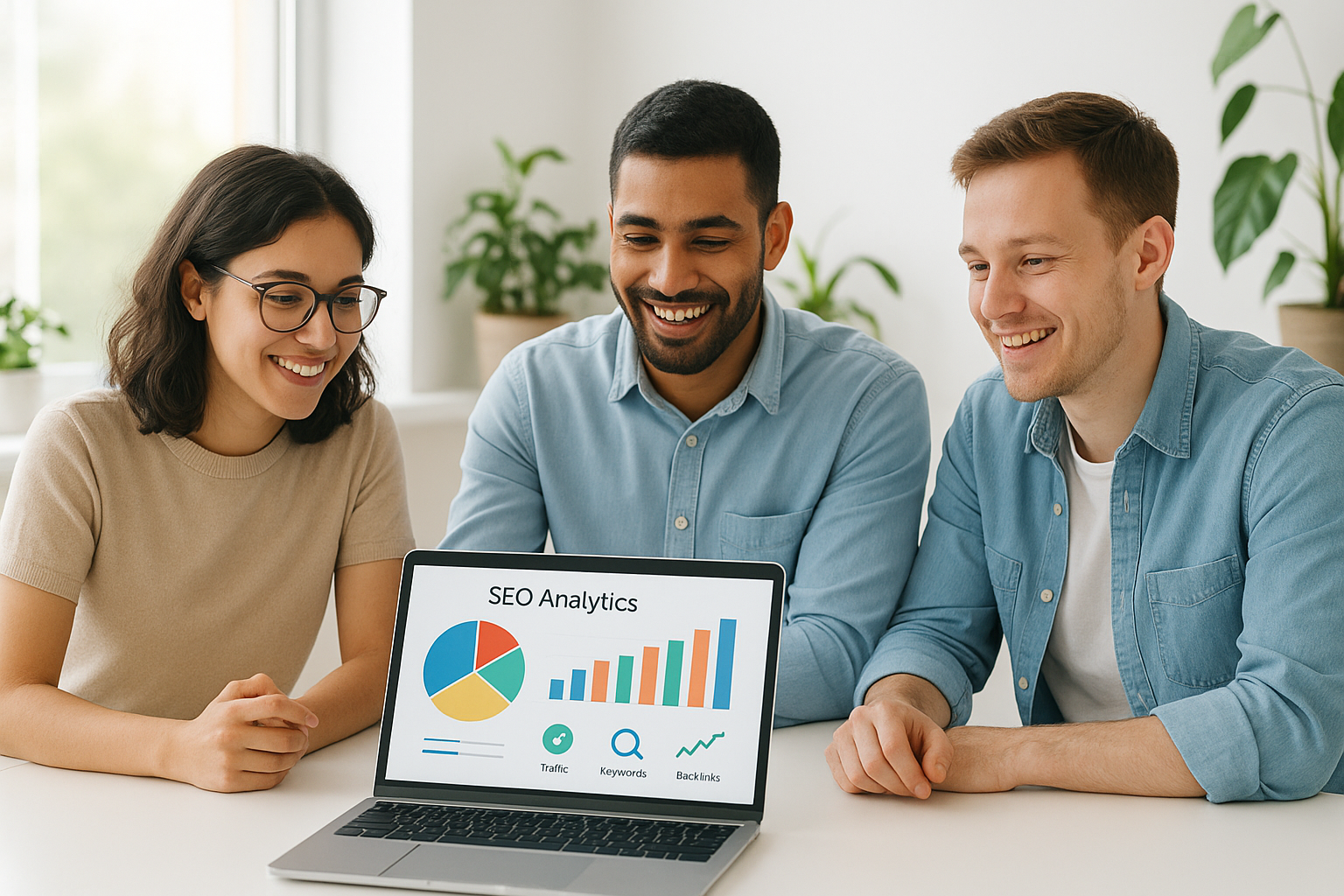 Startup team reviewing easy SEO tools for startups on a laptop dashboard