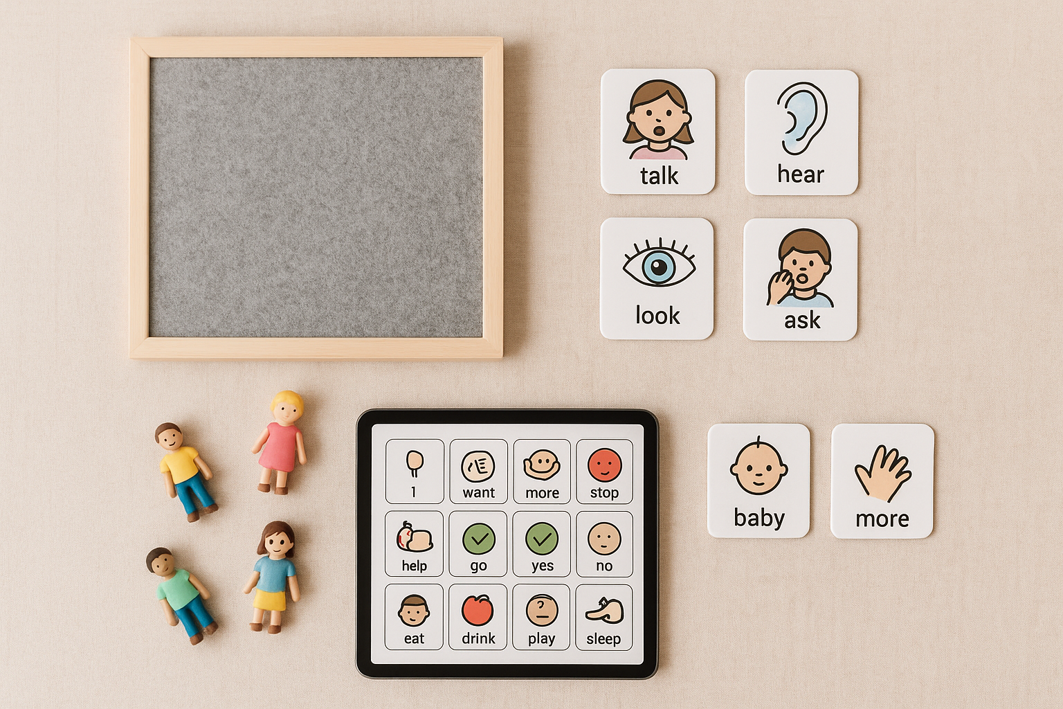 Therapy table set up for core vocabulary play with toys, picture cards, and an AAC tablet