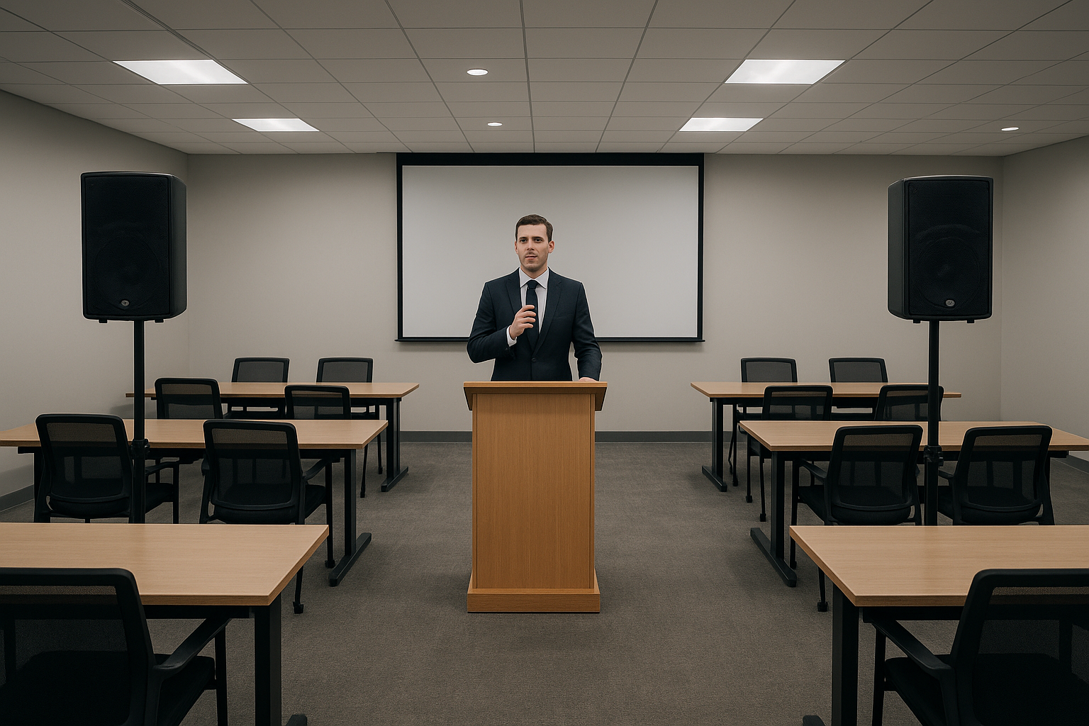 Sound system rental for corporate conference with PA speakers and wireless microphone on stage