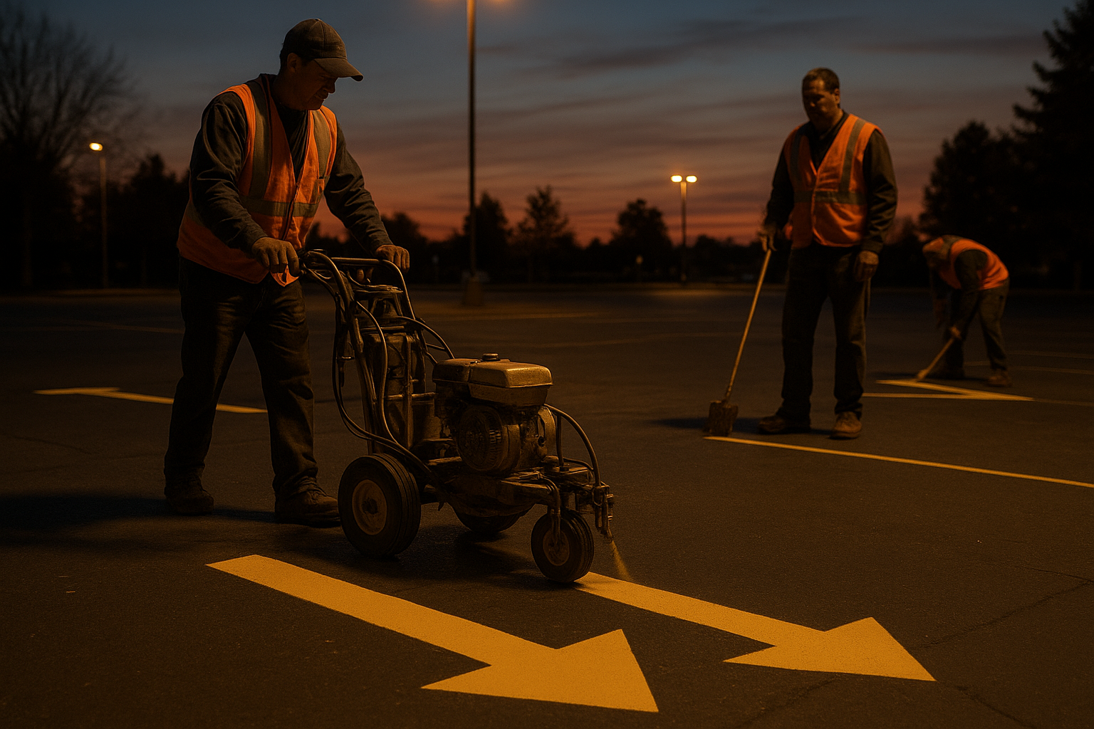 Striping crew painting directional arrows on a parking lot ahead of a scheduled event