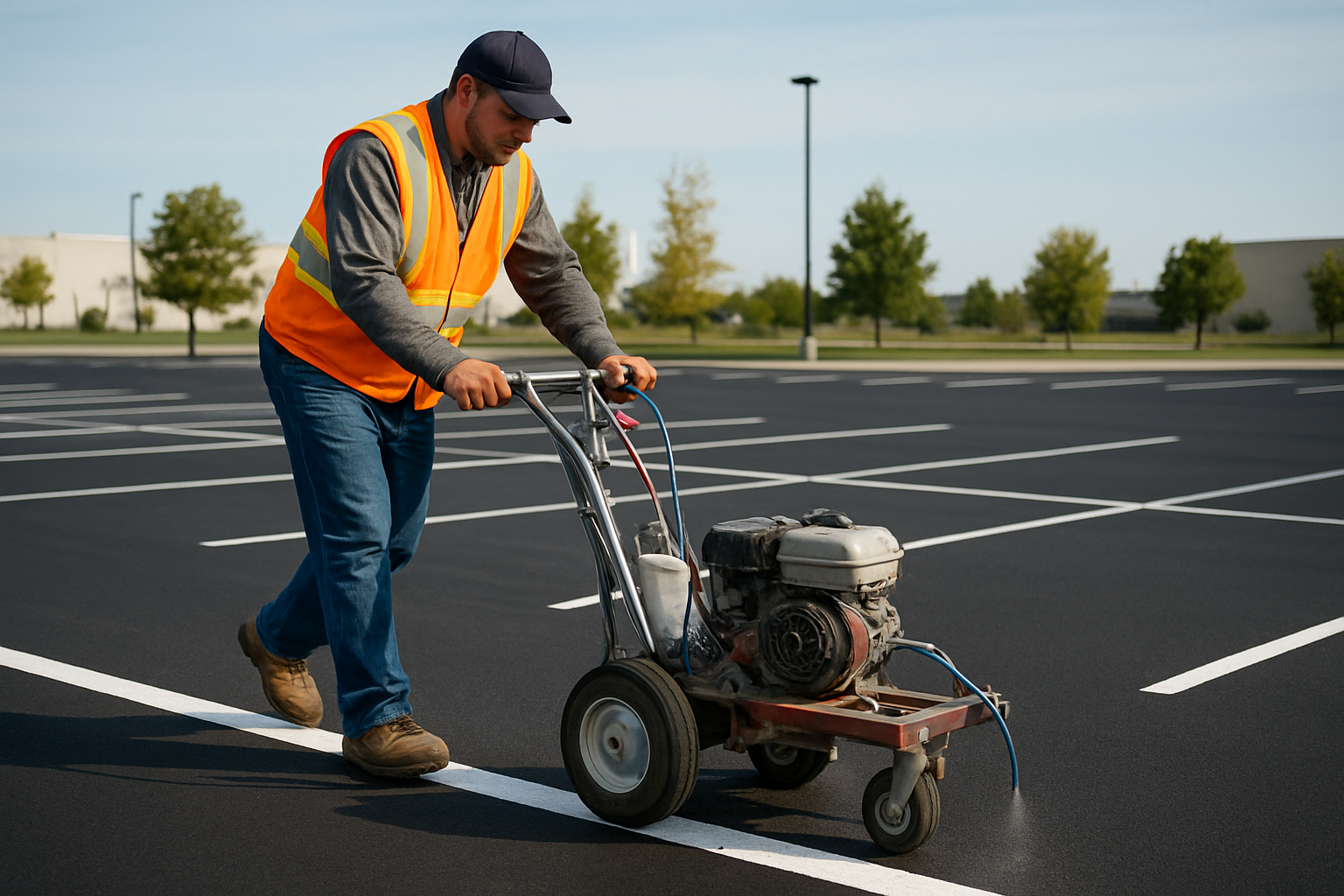 Worker using a striping machine to paint fresh white lines in a commercial parking lot