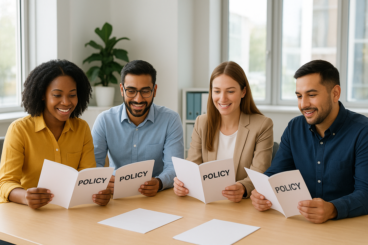 New employees reviewing custom employee handbooks during onboarding meeting