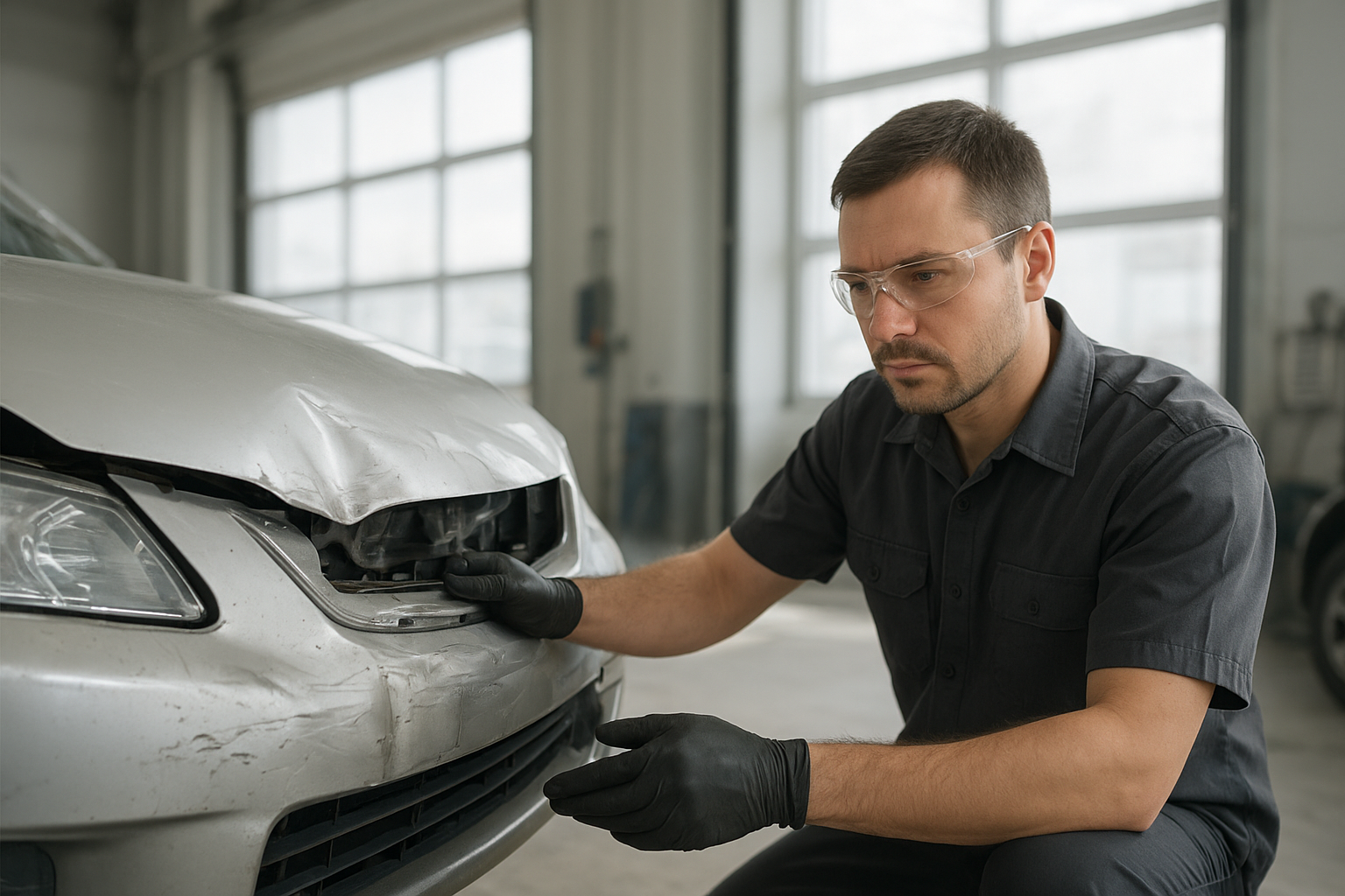 Certified technician inspecting bumper damage at a collision repair shop