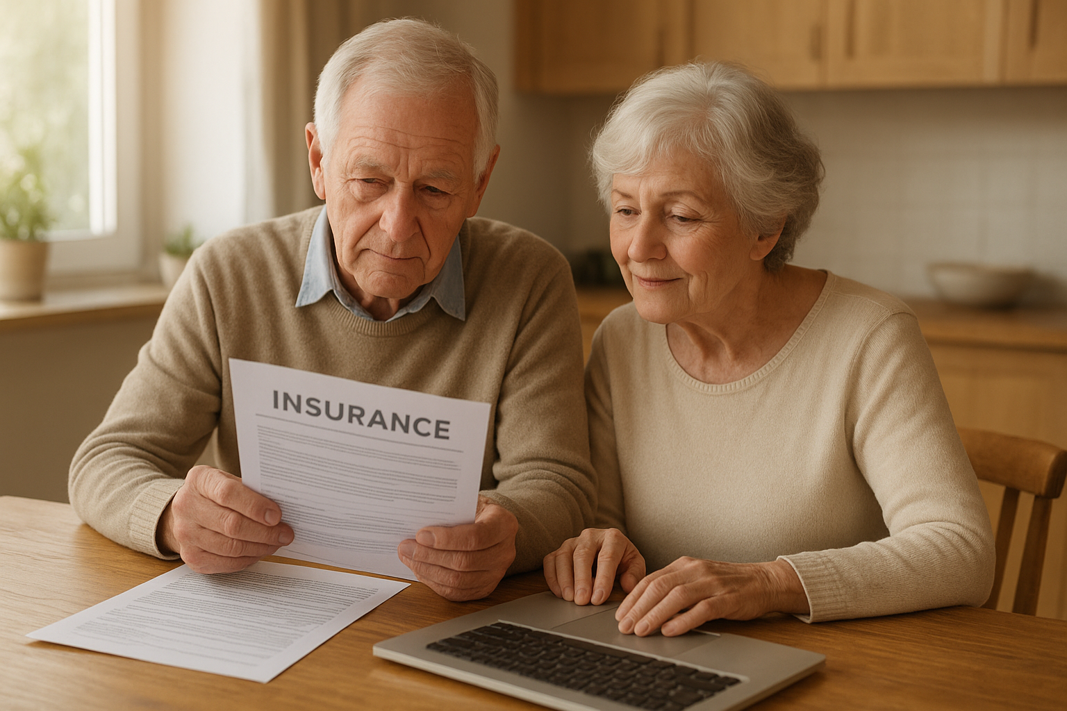Senior couple comparing Medicare supplement insurance quotes at their kitchen table
