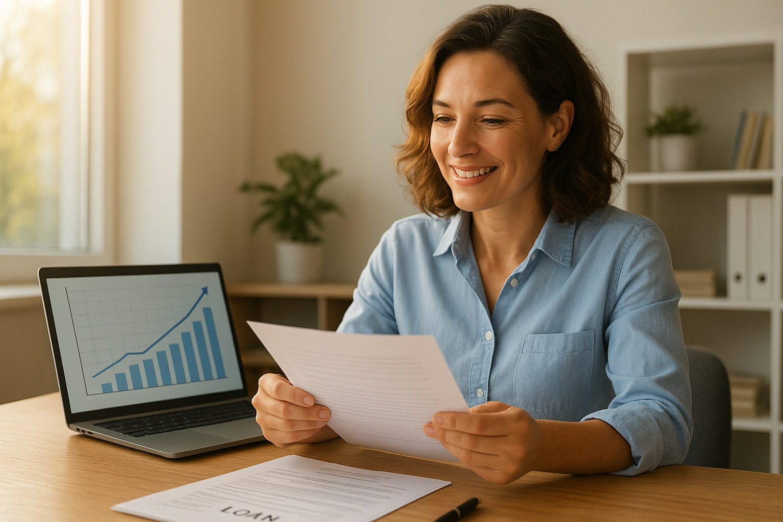 Small business owner reviewing term loans for expanding businesses paperwork