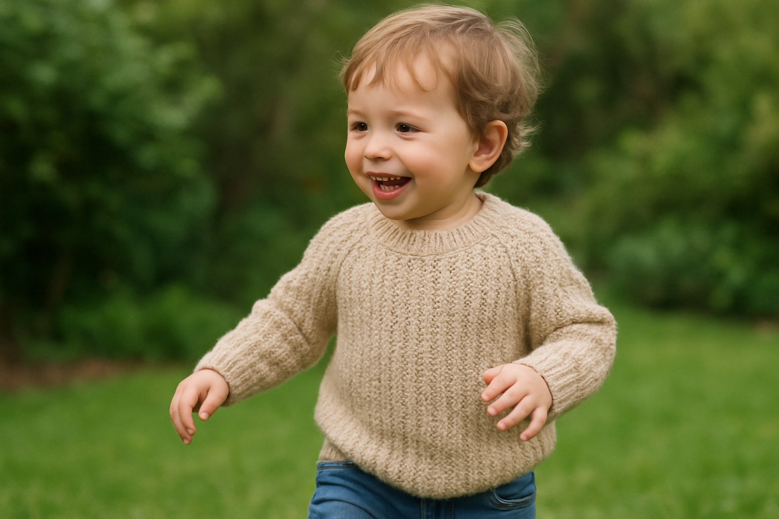 Young toddler wearing premium children's rental clothing while playing outdoors in a garden