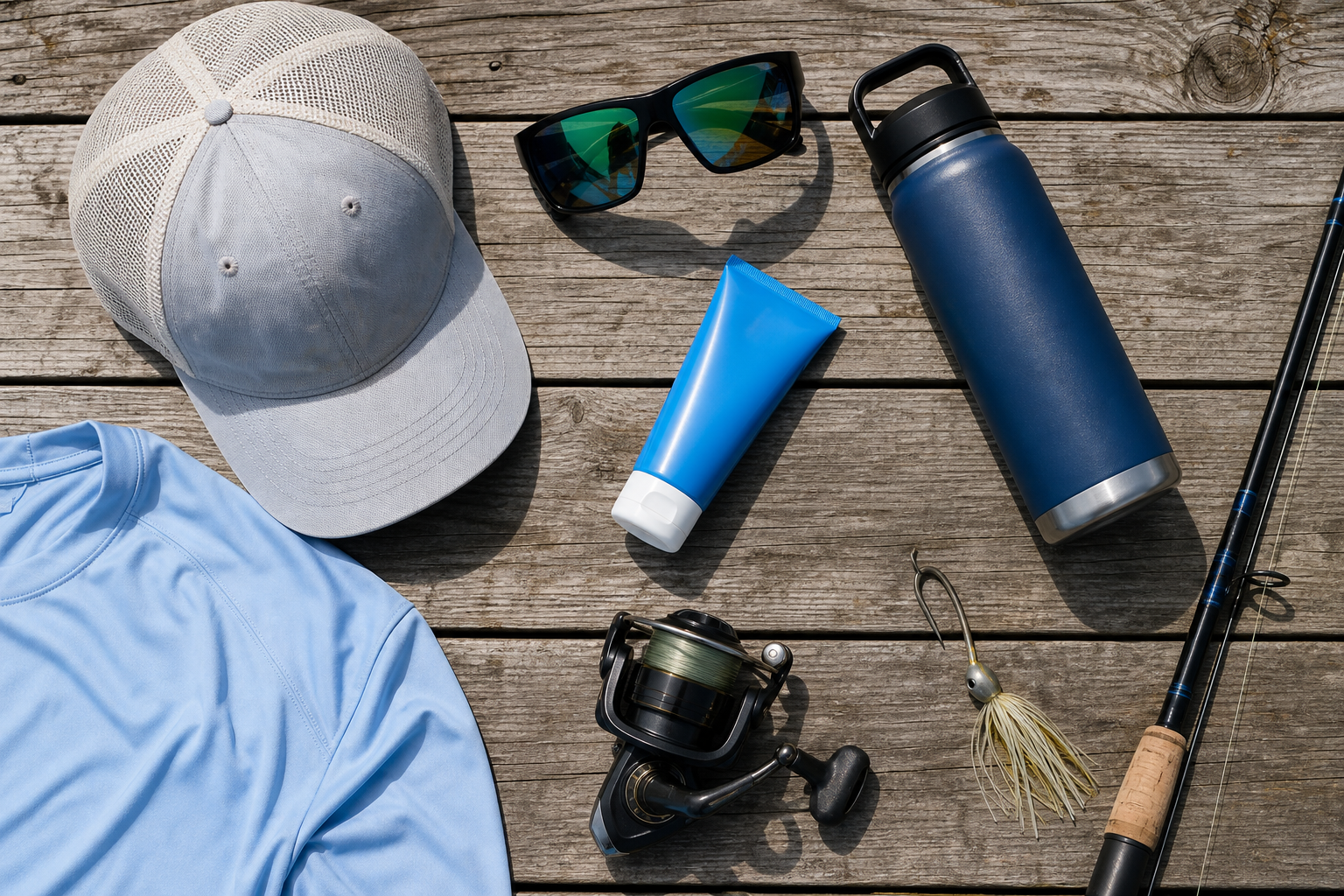 Checklist items for preparing for a fishing instruction tour arranged on a dock