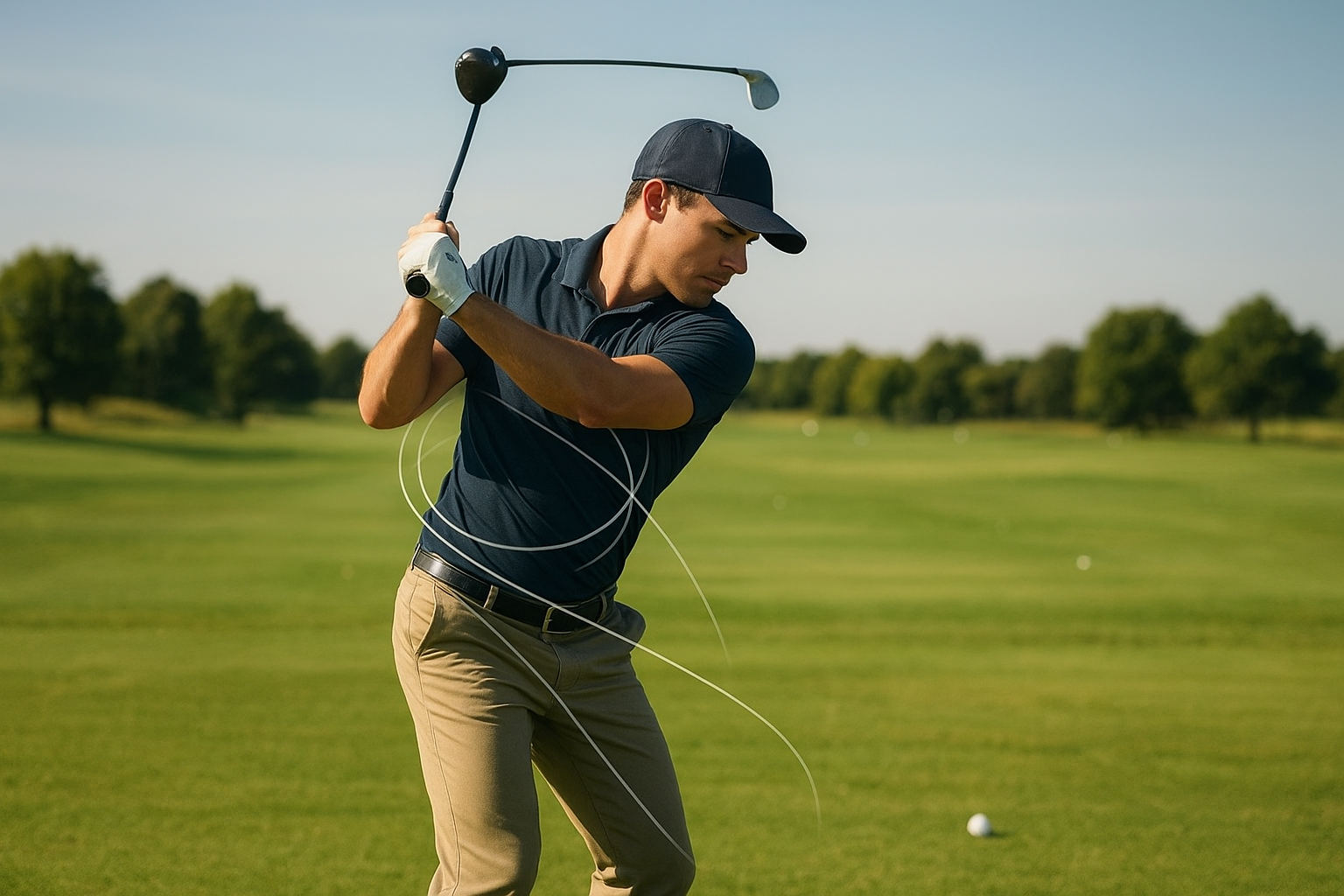 Golfer demonstrating proper hip rotation as part of how to reduce golf swing injuries