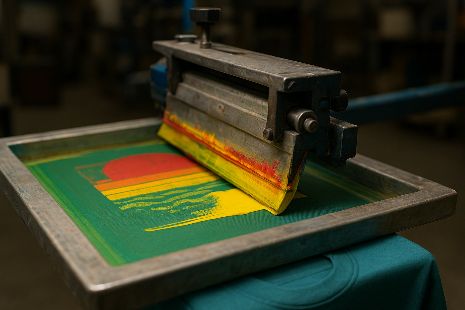 Screen printing press applying ink to a youth t-shirt during production