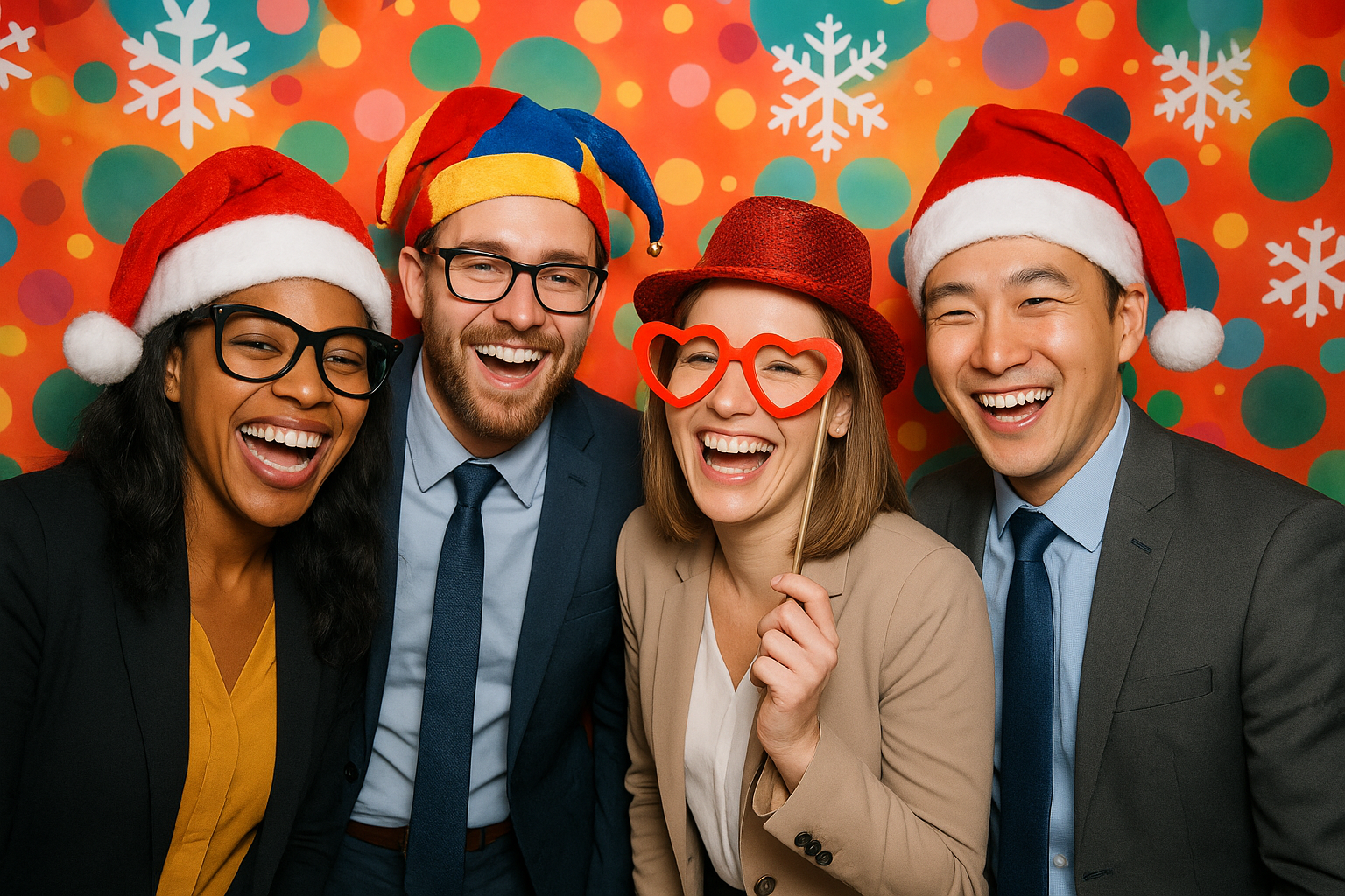 Coworkers using props at a corporate holiday party photo booth backdrop