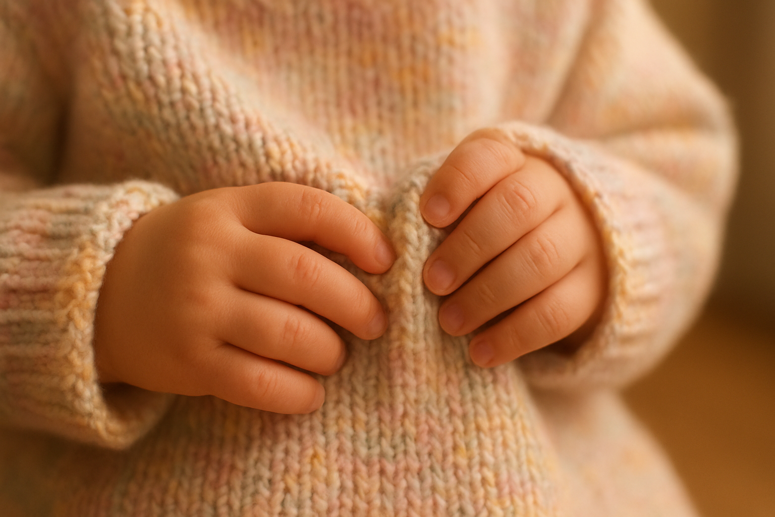 Child holding a soft knit sweater from a kids clothing rental service