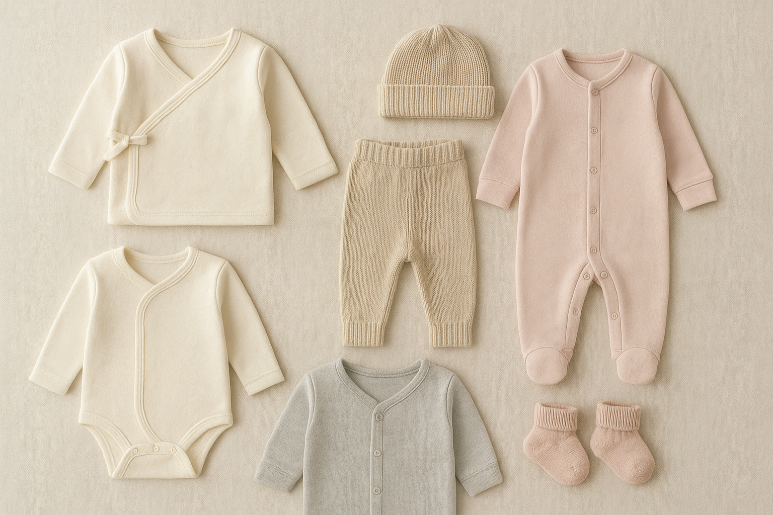 Flat lay of premium baby garments representing a designer nursery fashion rental wardrobe