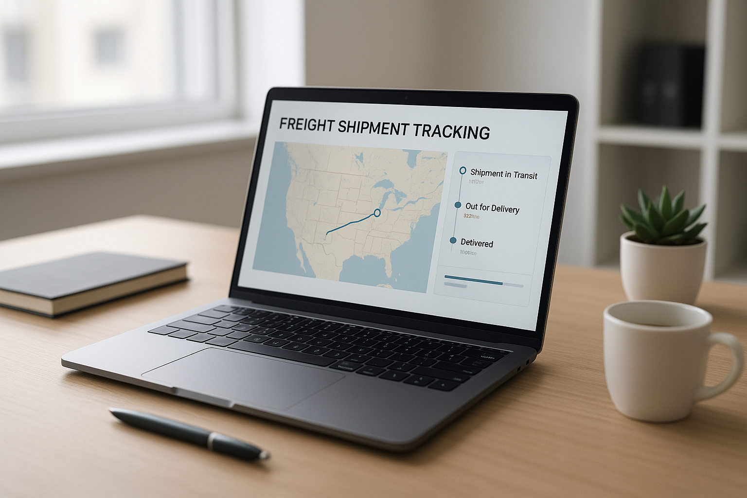Laptop screen displaying saia freight tracking dashboard with shipment status timeline