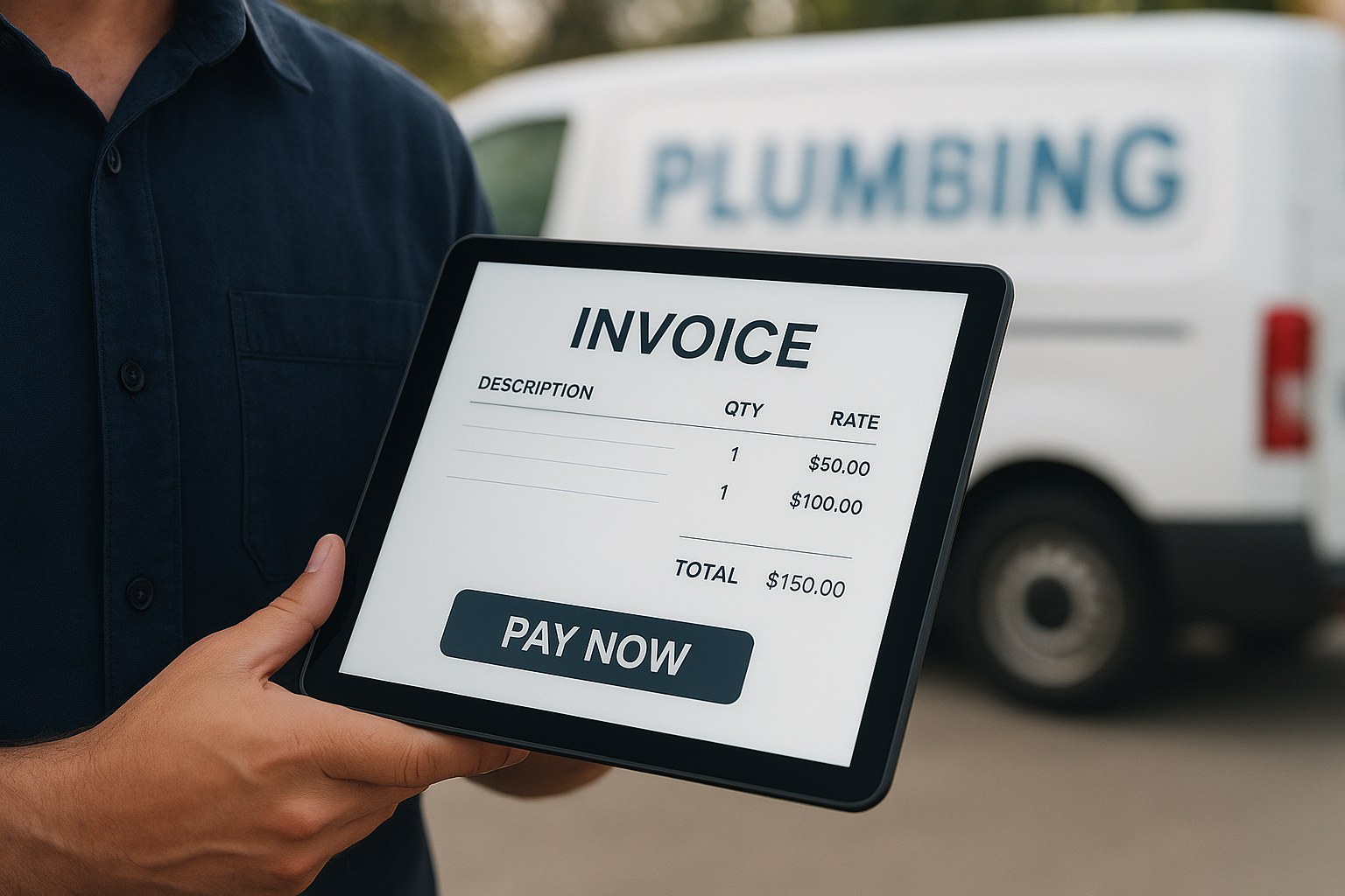 Plumbing technician sending a digital invoice with text-to-pay from a tablet in the field