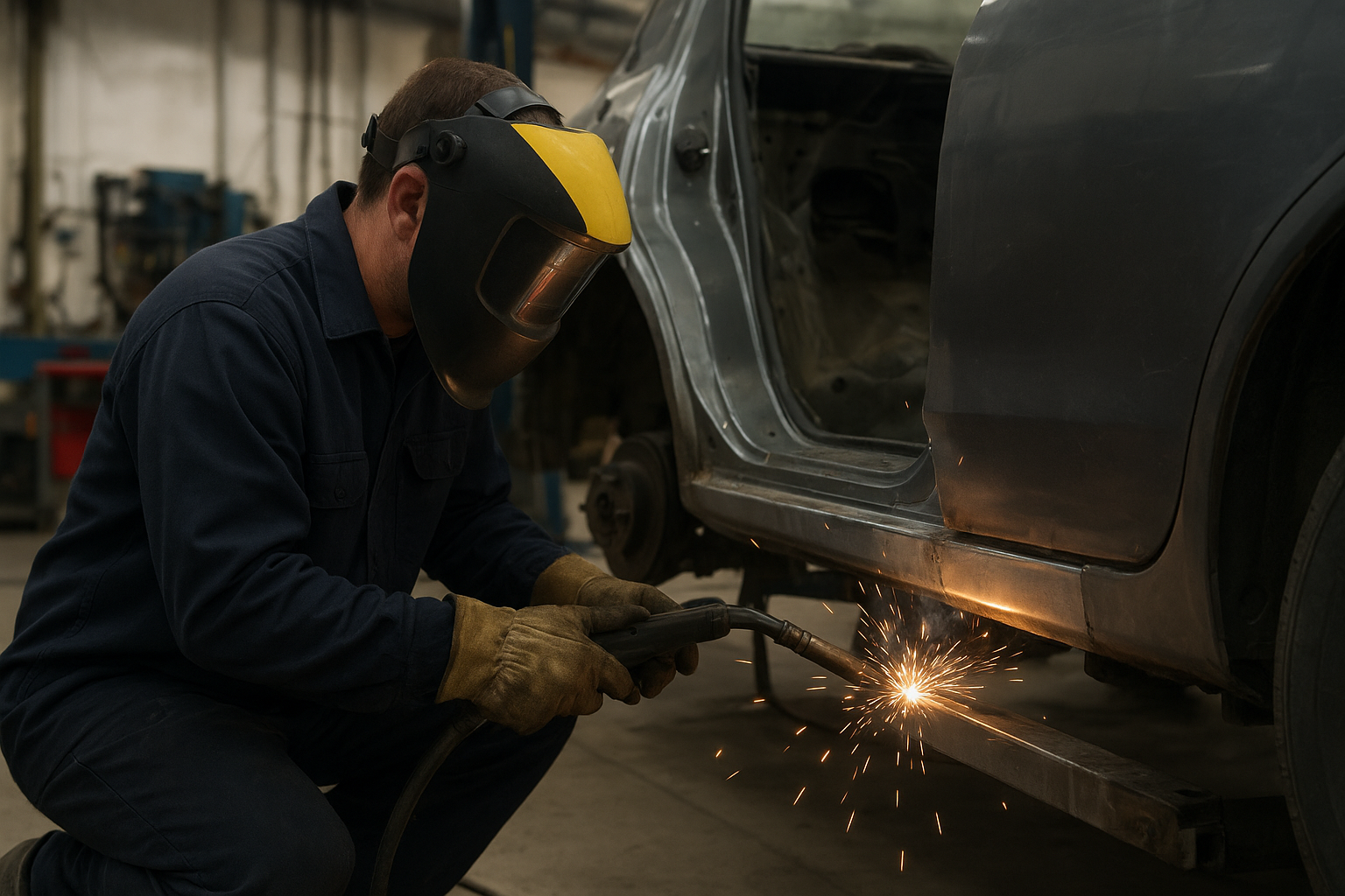 Certified technician welding a replacement metal panel during structural rust damage repair in a Brea auto body shop