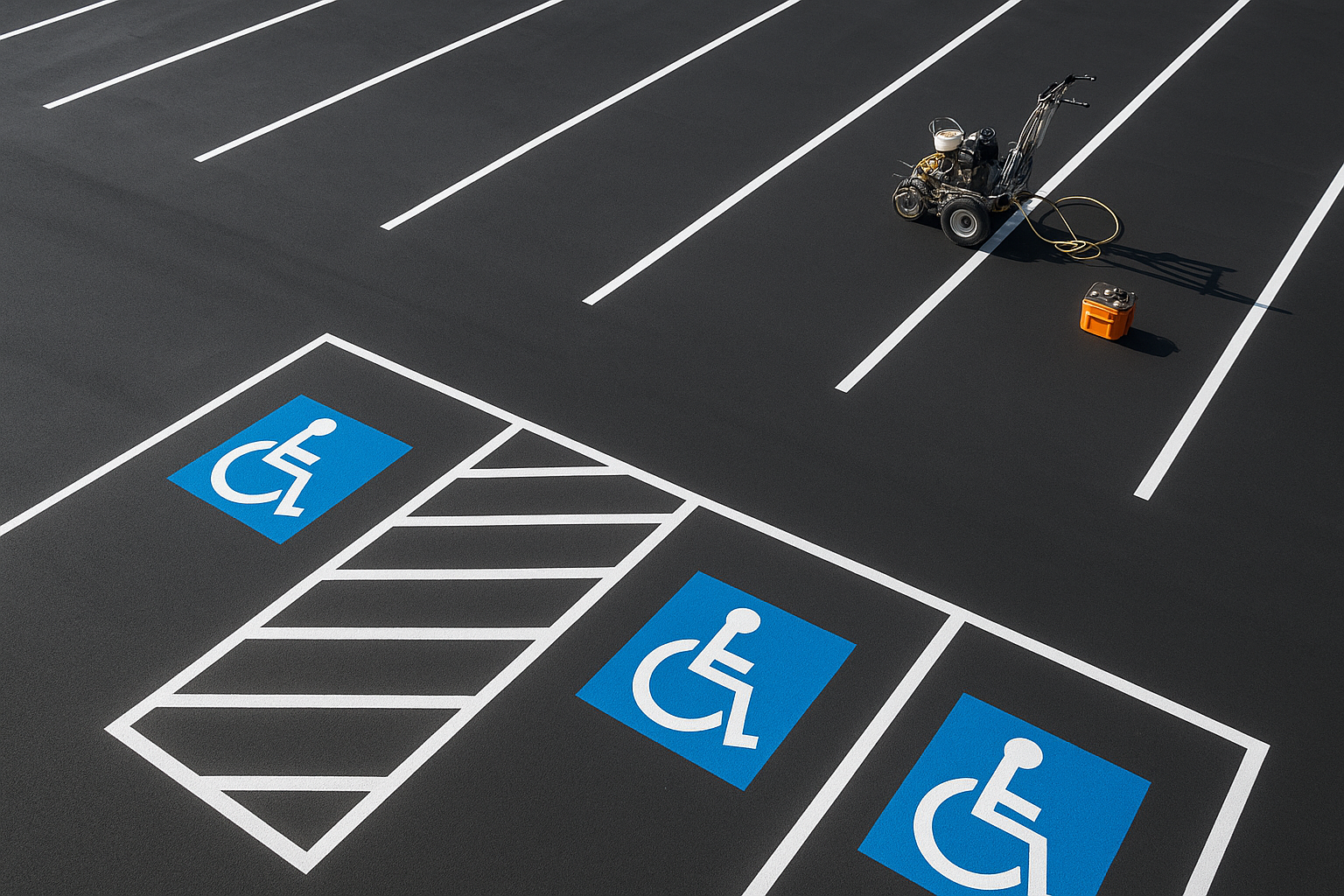 Accessible parking marking with blue ADA stalls and access aisle in commercial lot