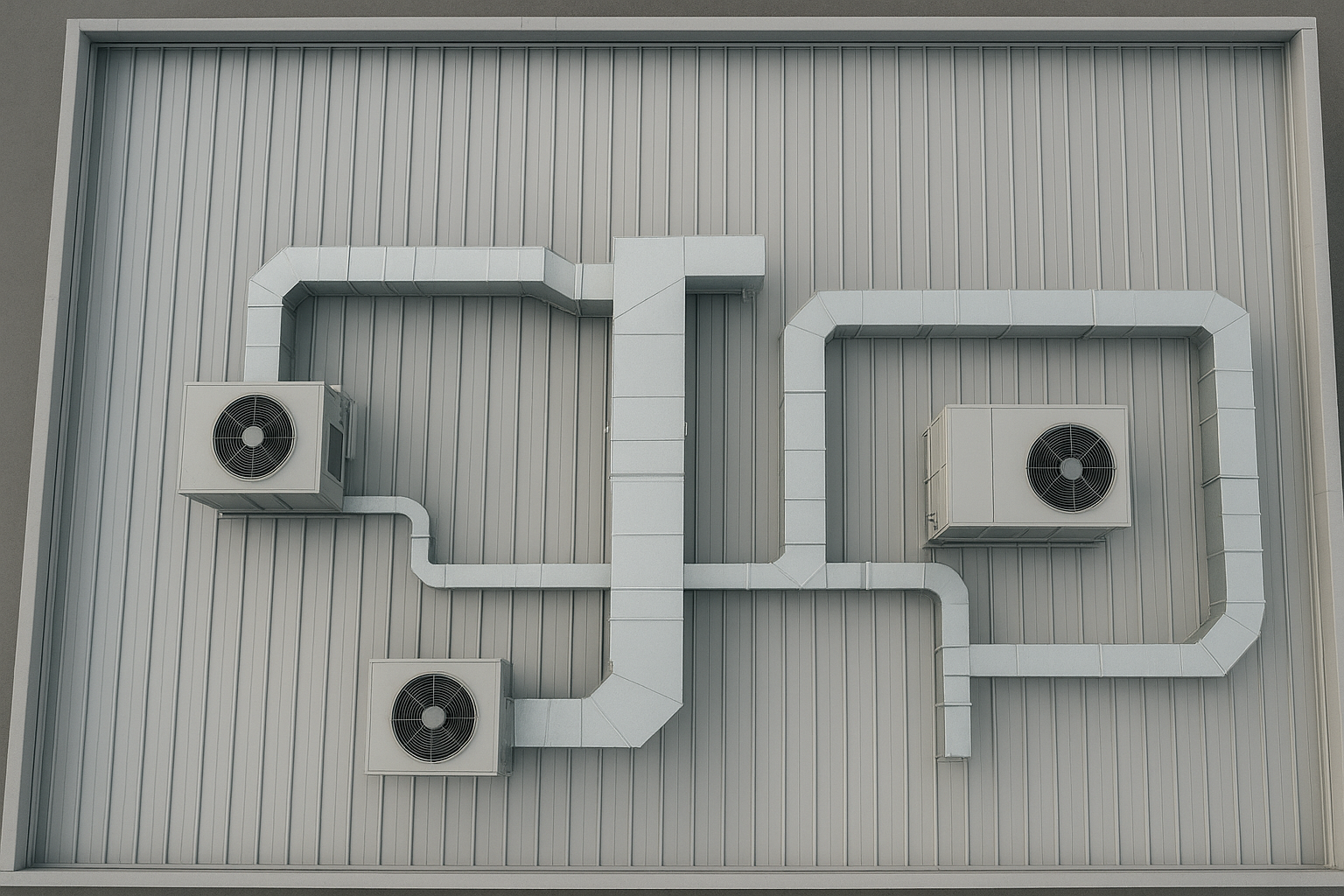 Aerial view of completed commercial sheet metal installation on a rooftop with HVAC ductwork