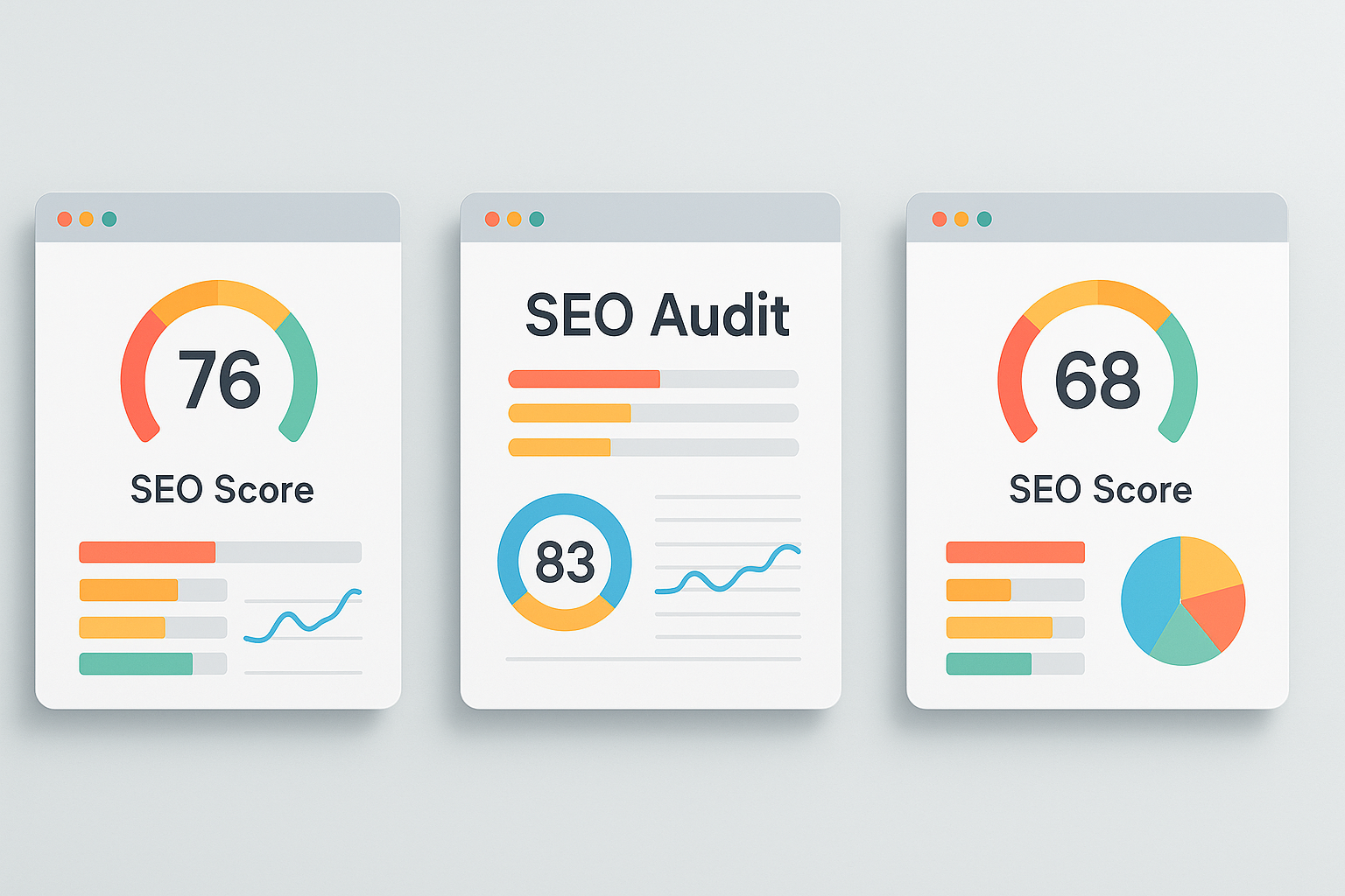 Three SEO audit tools displayed side by side for comparing site health and performance metrics