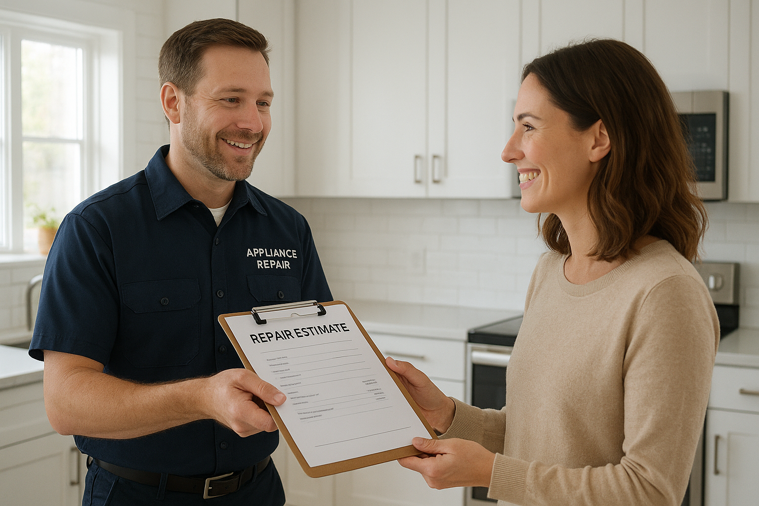 Technician reviewing transparent appliance repair pricing estimate with a Santa Rosa homeowner