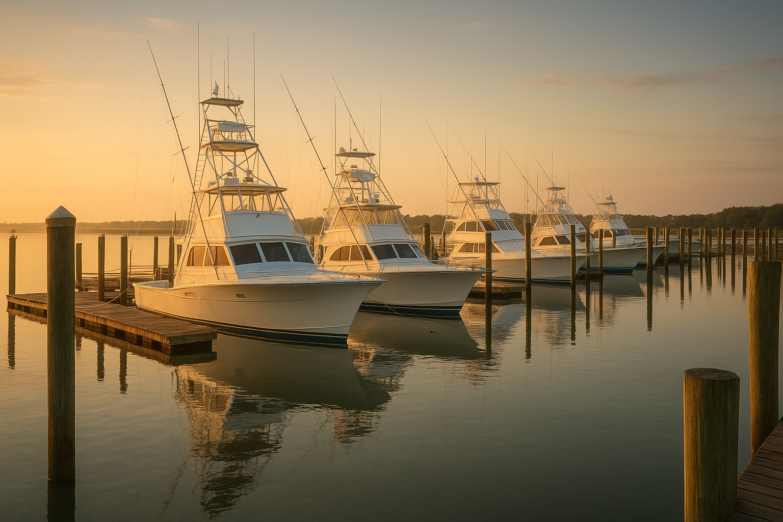 Charter boats Murrells Inlet SC marina at sunrise before a private fishing trip