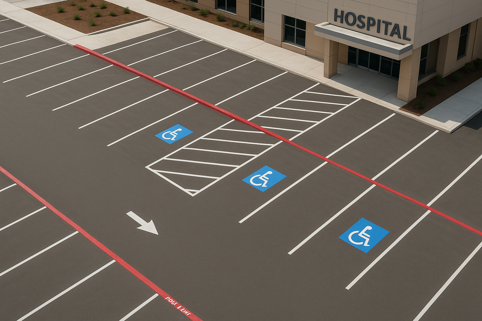 Freshly painted line striping for healthcare facilities showing ADA parking stalls and fire lane markings