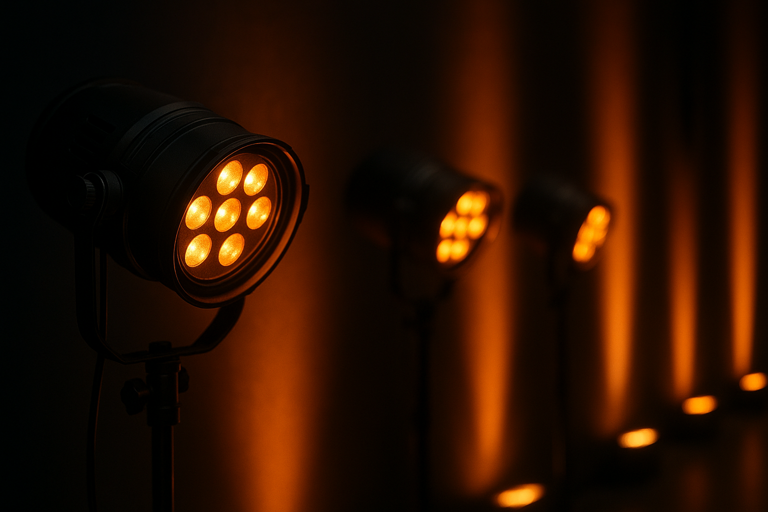 Warm uplighting fixtures as part of an event lighting rig used in temporary event production