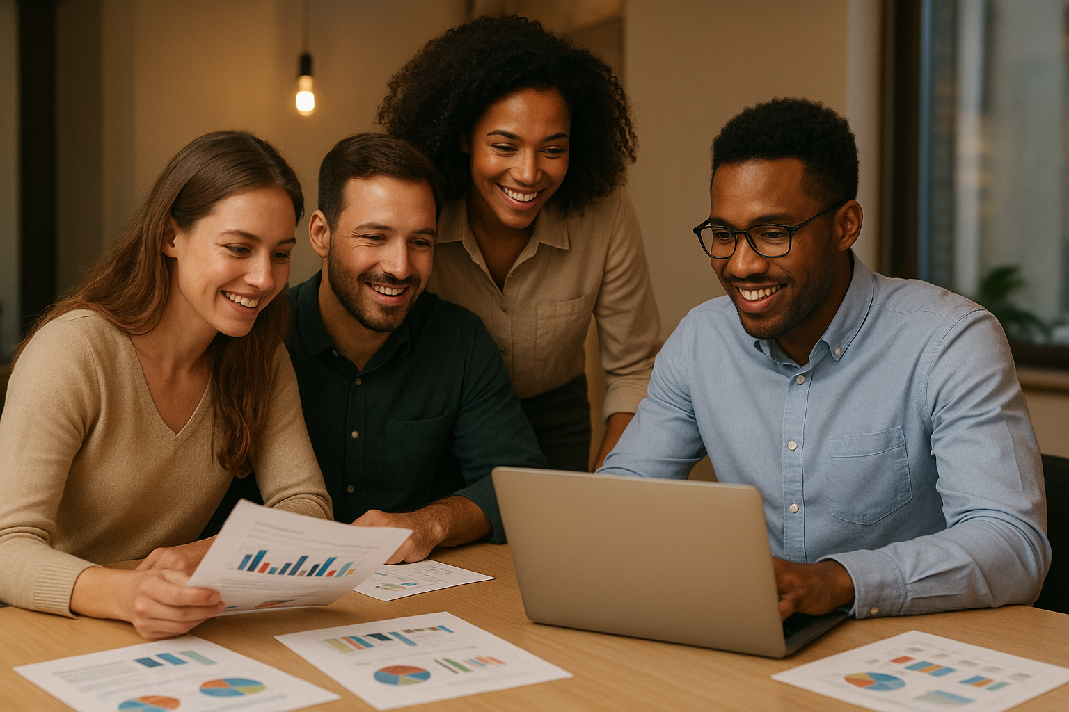 Small business team reviewing AI-driven marketing insights report together