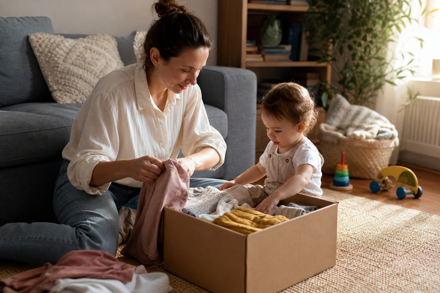 Parent and toddler unpacking a children's clothing rental delivery at home