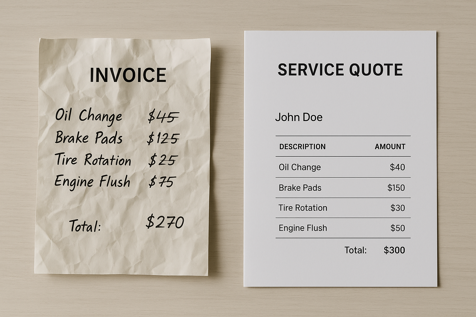 Comparison of a surprise plumbing invoice versus a clear upfront quote