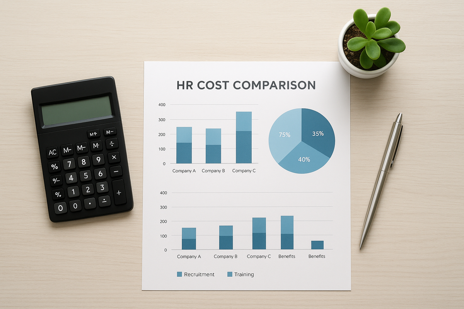 Cost comparison chart for employee outsourcing companies displayed on a desk with a calculator