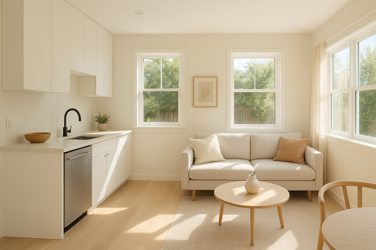 Bright open-plan interior of a newly designed and built ADU kitchen and living space with modern finishes
