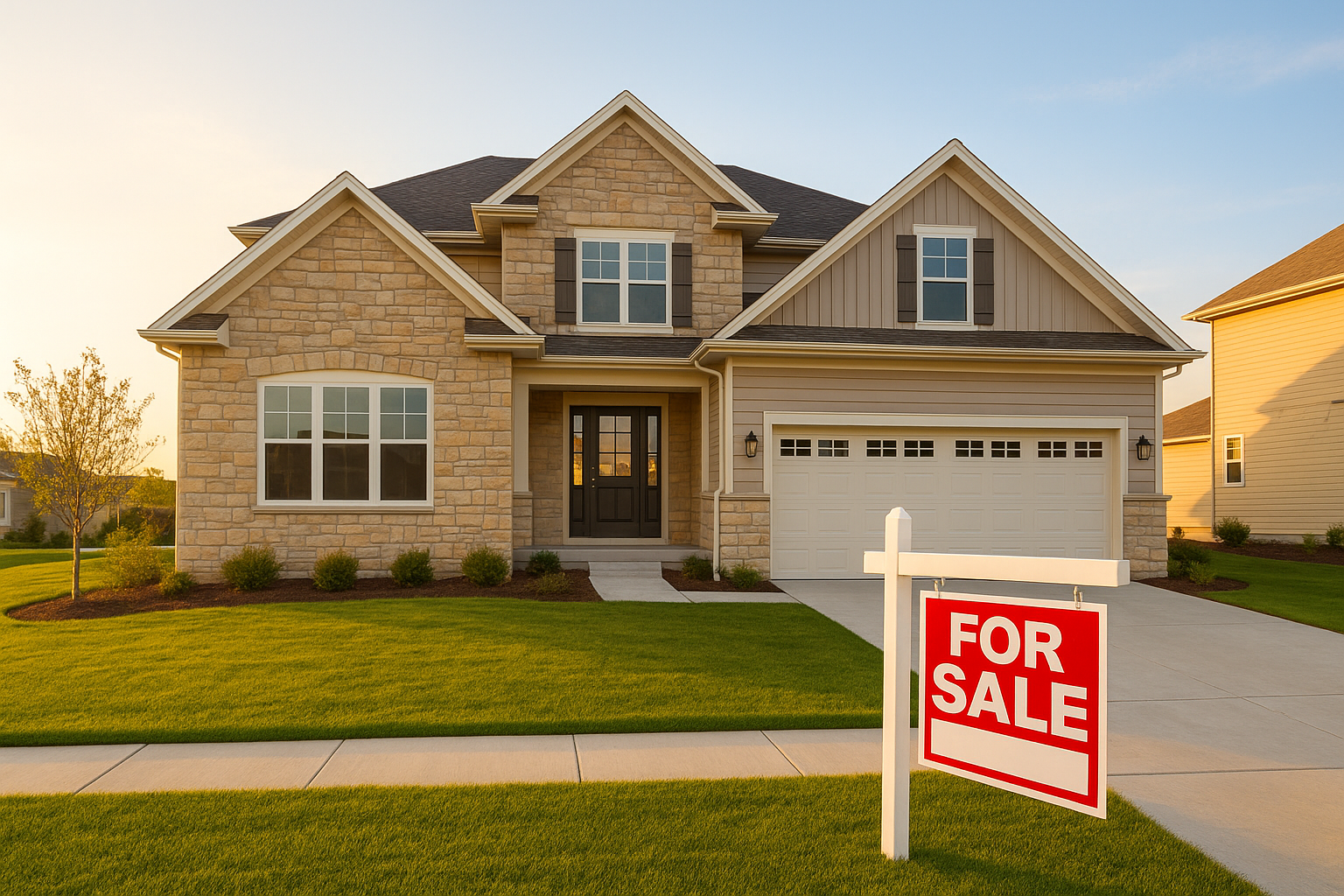 Modern Stone Oak area home exterior with a for-sale sign in a San Antonio neighborhood