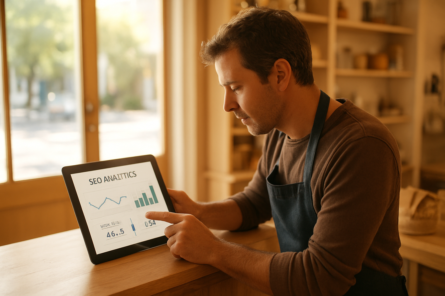 Small business owner reviewing personalized SEO tools analytics on a tablet