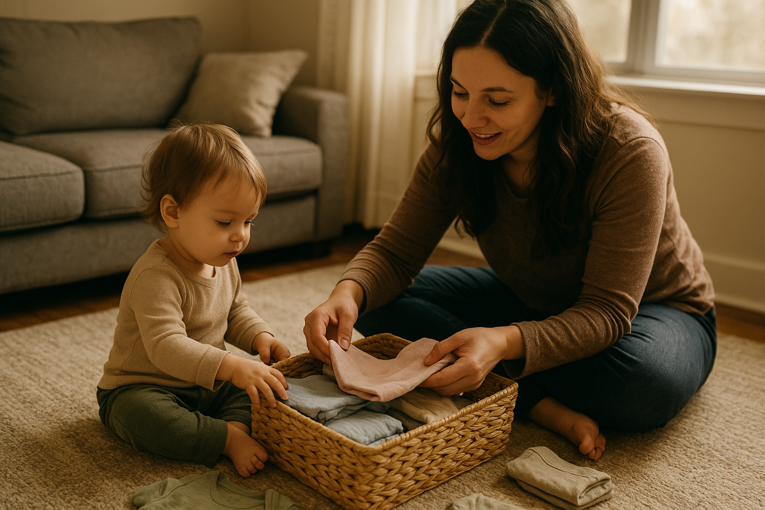 Parent sorting affordable designer kids clothes with toddler at home