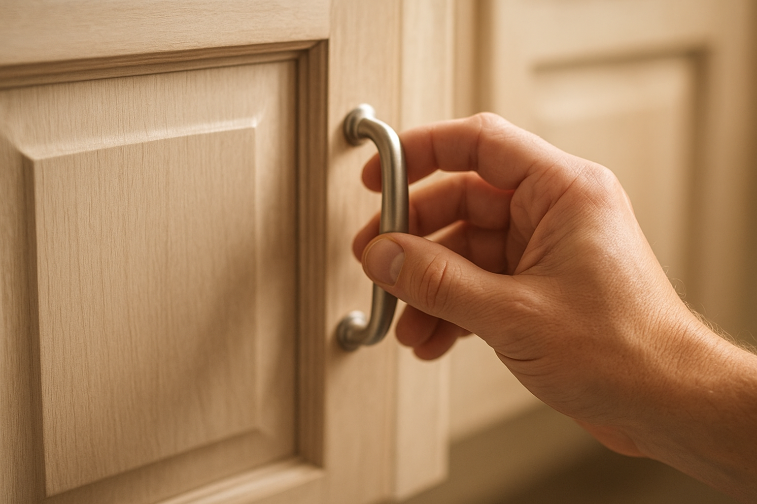 Installer attaching new hardware during a kitchen cabinet update project
