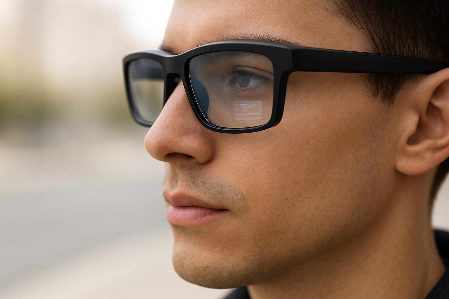 Person wearing AR waveguide smart glasses outdoors with a subtle display reflection