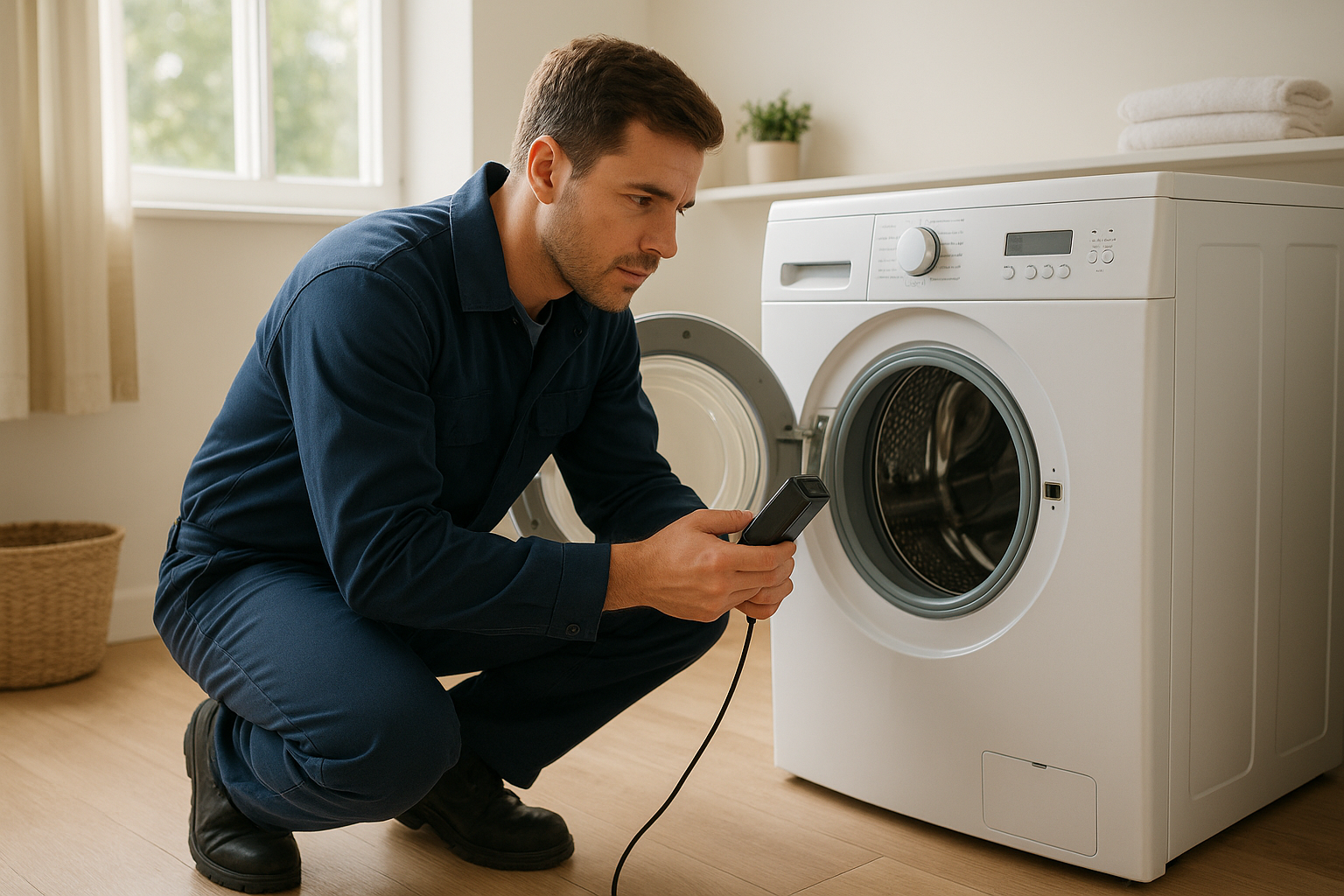 Technician diagnosing a washer during on-site appliance service visit